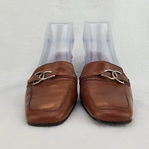 ✅Womens 7.5M Michelle D Brown Leather 3" Heeled Mules Slides D-Ring Strap Accent - Picture 6 of 13